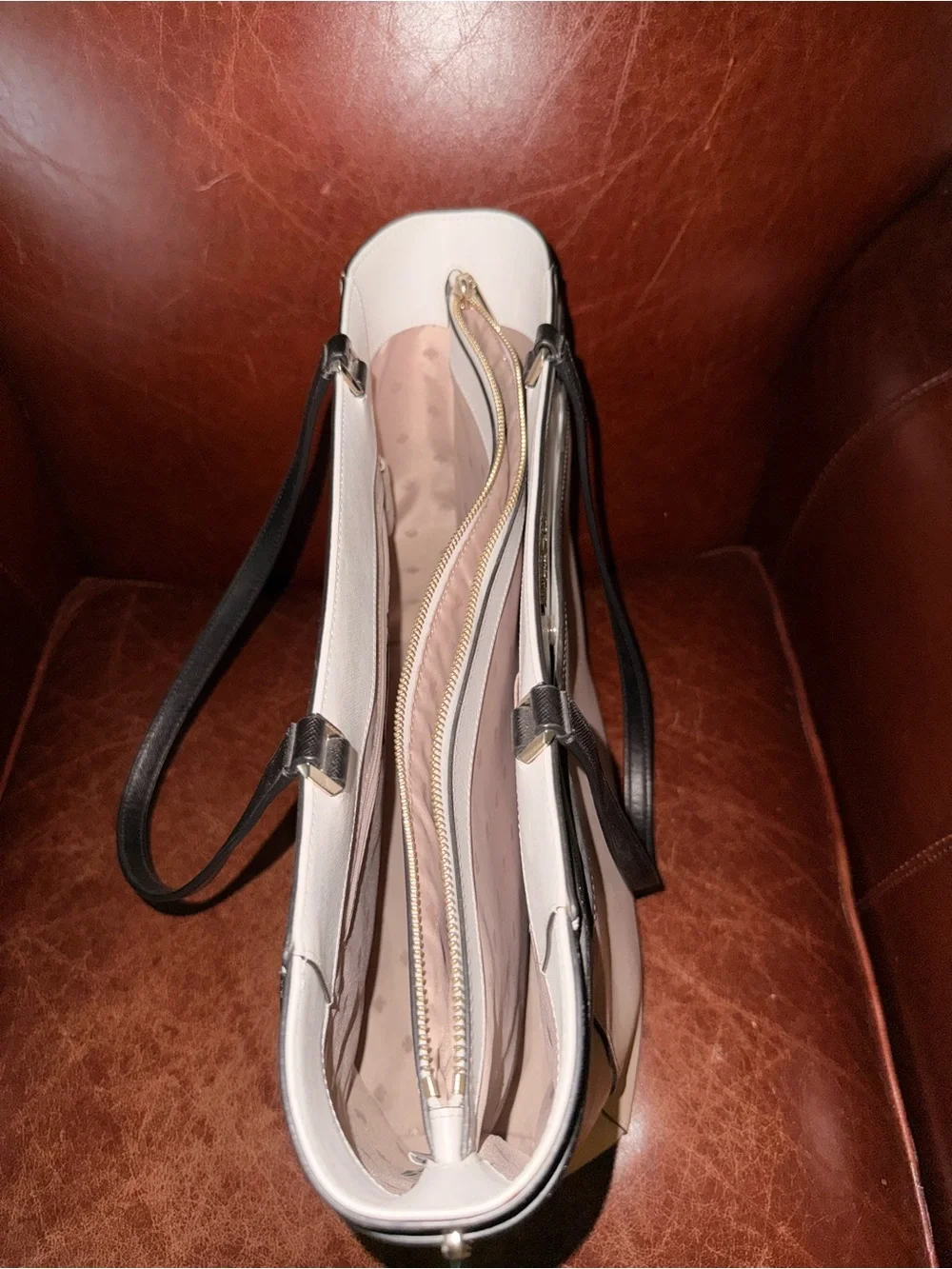 kate spade Pink and White Leather Top-Handle Tote with Black Trim
